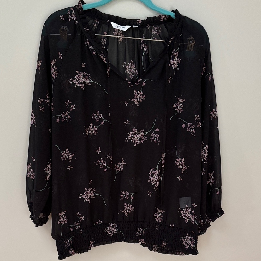 Reitmans Black Blouse with Pink Floral Pattern